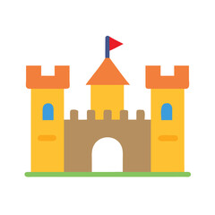 Fototapeta premium Colorful cartoon castle with turrets and flag set against a simple background showcasing artistic design