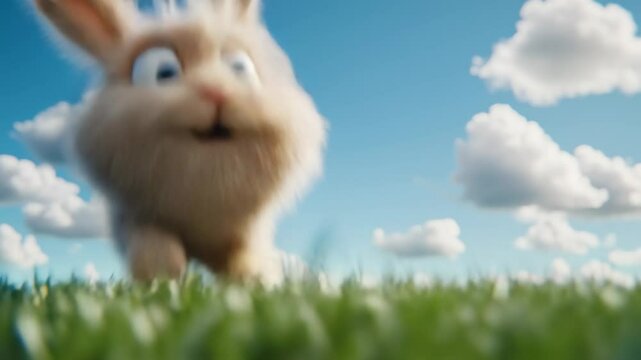 A cute fluffy rabbit looks at the grassy field with surprise and a hare jumps under a bright blue sky with fluffy clouds