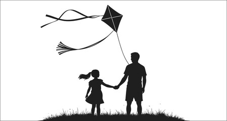 Father And Daughter Flying Kite Silhouette On A Field Together Illustration