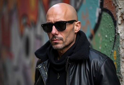 bald man wearing sunglasses and a leather jacket, standing confidently against a graffiti wall. urban setting, closeup (1)