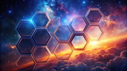 Cosmic Hexagons Over Gradient Sky , space, art,  space, art, gradient sky, abstract, hexagons