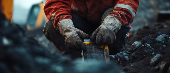 Construction Worker Handling Equipment in Mud