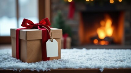 A thoughtfully wrapped present with a blank tag rests on a snowy surface near a warm, inviting fireplace, ready for a joyous winter celebration.
