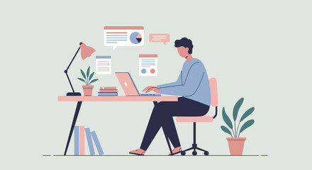 Stylized Desk Scene with Laptop Lamp Plant Books and Floating Speech Bubble