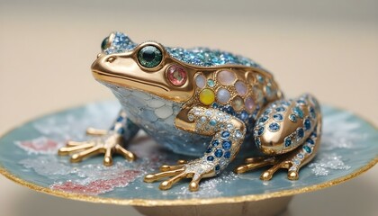 Obraz premium A luxurious and artistic decoration piece perfect for collections or unique gift ideas. Elegant Bejeweled Frog Figurine With Stunning Gem Detailing on Decorative Base 
