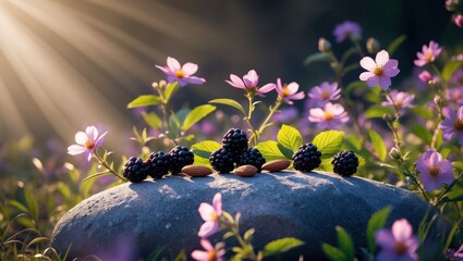 Blackberries and Almonds on Stone Surrounded by Blooming Wildflowers