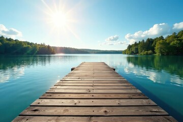 Tranquil Wooden Dock Extending into Serene Aqua Lake Under a Bright Sunny Sky
