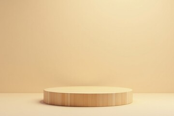 Simple Wooden Round Platform Against a Pale Yellow Background Ideal for Product Display or Presentation