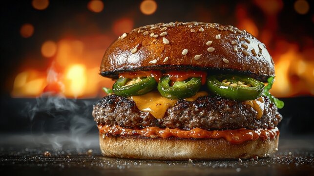 Juicy beef burger with melted cheese fresh jalapenos crispy bacon and toasted sesame seed bun on dark background with warm bokeh light effect