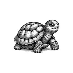 Engraved Turtle Design – Vintage Style Wildlife Illustration, drawn in an engraved, woodcut style with fine details sketch engraving vector illustration. Scratch board imitation. Black and white image