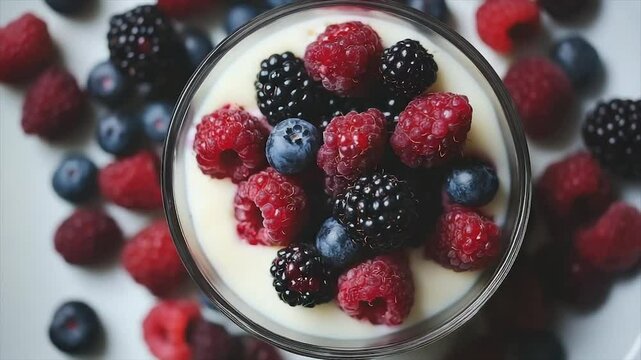 Fresh berry parfait in a glass bowl.  A healthy breakfast or dessert option