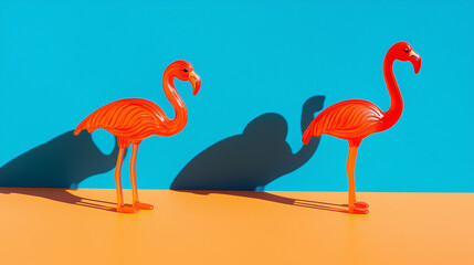 Naklejka premium Two cheerful flamingo toys on bright orange and blue background with soft shadows, sunny day optimistic composition, f/4.0 aperture