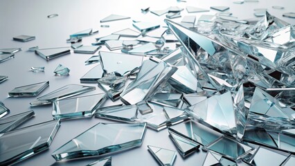Broken glass fragments scattered around a stark white background with sharp angular cuts and jagged edges, creating a sense of unease and tension , abstract background, shattered