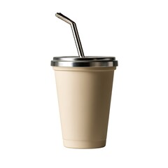 A reusable beige coffee cup with a stainless steel straw, isolated on a clean white background