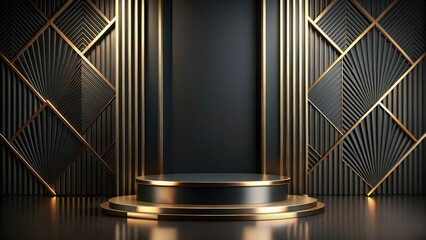 Elegant black and gold art deco podium stands on a sleek matte background stage, black podiumpodium, high end presentation