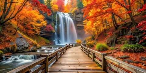 Waterfall surrounded by vibrant orange red yellow foliage and a wooden pathway leading into the distance, scenic waterfall, fall colors