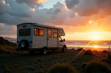 Large white caravan motorhome with sunset on the seashore background, concept of traveling with the whole family in nature, copy space
