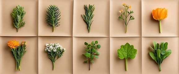 Botanical Display of Fresh Herbs and Flowers