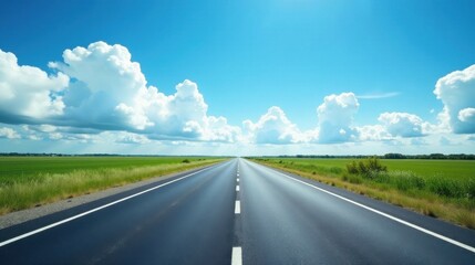 Asphalt Road Stretching to the Horizon Under a Summer Sky with Fluffy White Clouds