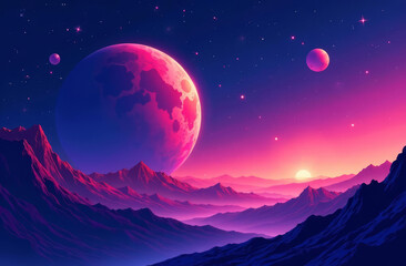 Fantastic illustration of landscape on another planet, mountains, stars, crators, in pink and blue tones