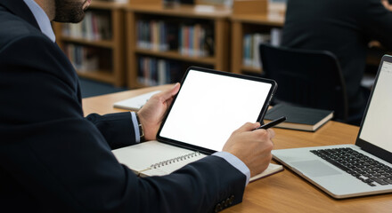 Businessman using digital tablet and laptop in a library. A middle-aged man in a dark suit and light-colored shirt is using a tablet and laptop in a library setting.