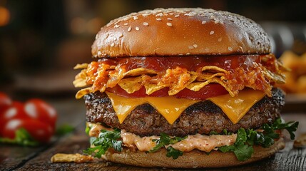 Delicious double cheeseburger with crispy bacon fresh lettuce melted cheese juicy beef patty and golden bun on rustic wooden table