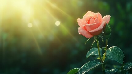 Obraz premium Dew-kissed rose blooms in sunlight, green backdrop.