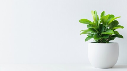Green Plant in White Pot Minimalist Style Bright Lighting, Close-up Side View, Lush Foliage, Simple White Background, Fresh Clean Mood, Ideal for Home Decor Websites