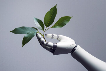 Close-up of a bionic arm holding a single green leaf on a neutral gray background, minimalist aesthetic.