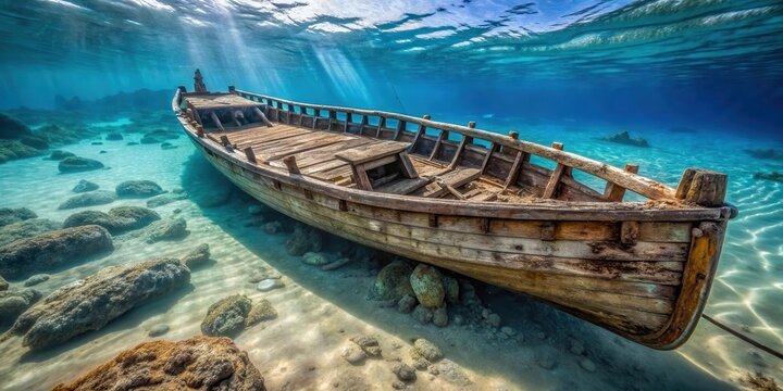 Ancient Greek vessel partially submerged in shallow waters of Kish Island shoreline with worn wooden planks and faded marine life , marina, ancient Greece