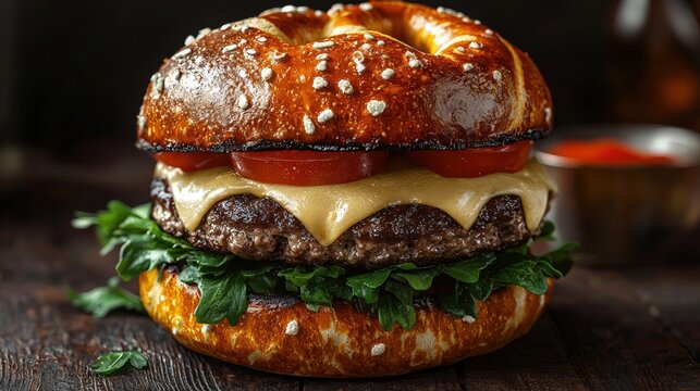 Close-up of a juicy gourmet beef burger with melted cheese fresh tomato lettuce and toasted bun served on dark rustic background - Powered by Adobe