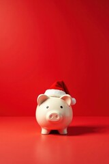 A Festive Piggy Bank in a Santa Hat on a Red Background, Symbolizing Holiday Savings and Financial Planning