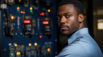 Confident African American Male Engineer Overlooking Control Panel