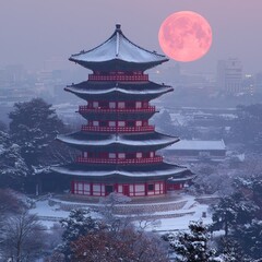 Korean Pagoda Temple with Full Moon in Winter Snowy Landscape
