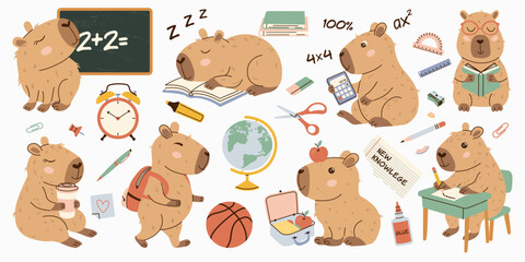Back to school with capybara buddies. Playful hand-drawn set in pastel tones, perfect for kids stickers, learning posters, notebooks, planners, and fun educational designs.