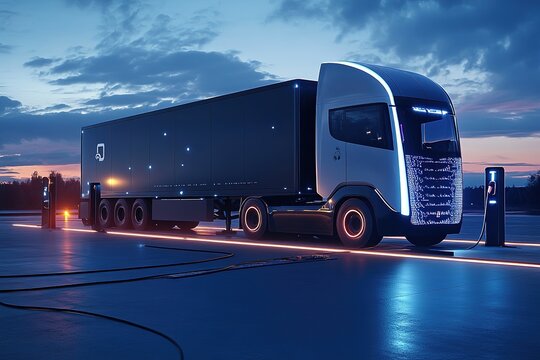 A large electric truck being charged at a high-powered station, ready to hit the road for a long-distance trip