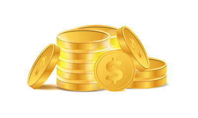 Realistic yellow brass or gold coin different views. Embossed Dollar Sign and Star-Patterned Border on a Clean White Background with Soft Shadow. 3D golden coins. Payment and investment, bank money.