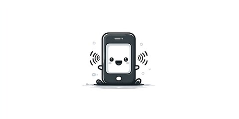 Minimalist Black-and-White Cute Smartphone with Happy Screen and Signal Waves, Clean and Digital-Friendly