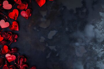 Romantic Valentine's Day concept with a decorative border of shiny red hearts on a dark textured background with copy space