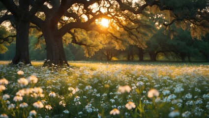 Obraz premium Sun Shining Through Trees Over Field of White Wildflowers
