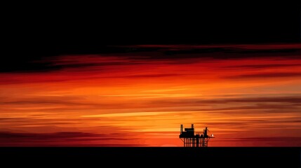 Fototapeta premium Serene Sunset Over Water with Silhouette of an Offshore Platform