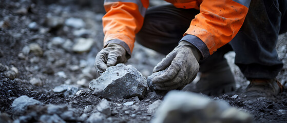 Miner Examining Rock Sample at Mining Site