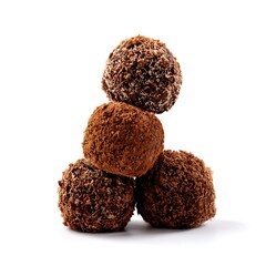 A stack of delicious chocolate truffles isolated on a clean white background.