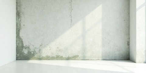 Sunlit Corner of a Room with a Weathered Concrete Wall and White Floor