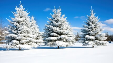 Fototapeta premium Snowy winter trees lined in pattern under clear blue sky with bright contrast and uniform frost texture representing natural geometry in seasonal cold landscape image