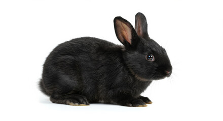 Fototapeta premium Black baby rabbit resting in profile view against a plain white background. Adorable young pet in a studio setting. Domestic animal for sale or shelter adoption. pet store -