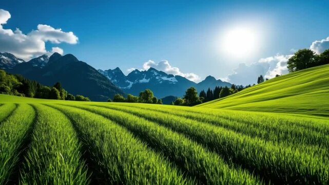 Rolling Fields and Majestic Peaks: Captivating scenic vistas feature vibrant, textured rows of greenery cascading down the landscape towards towering mountain range under a radiant sun.