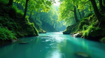 Naklejka premium Serene River Flowing Through a Lush Green Forest Canyon, Sunlight Filtering Through the Canopy, Creating a Peaceful and Tranquil Atmosphere