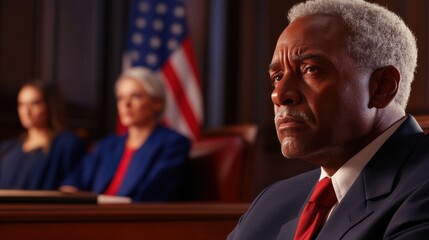 Thoughtful Senior African American Judge in Courtroom