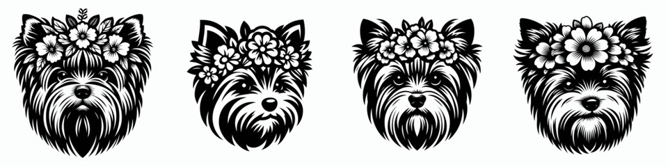 Yorkshire Terrier Dog head with flower crown. Silhouette logo animal mascot. Small yorkie canine face adorned blossom wreath pet portrait.